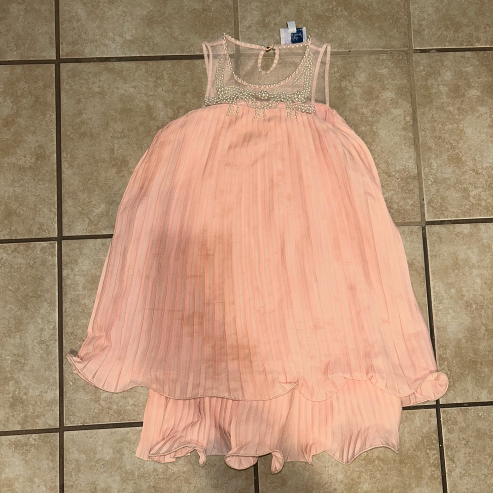 Couture blush Pink peach pleated pearl embellished shift gown size 6